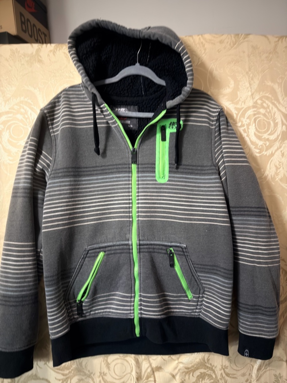Kids' Gray Hooded Puffer Jacket with Neon Green Trim